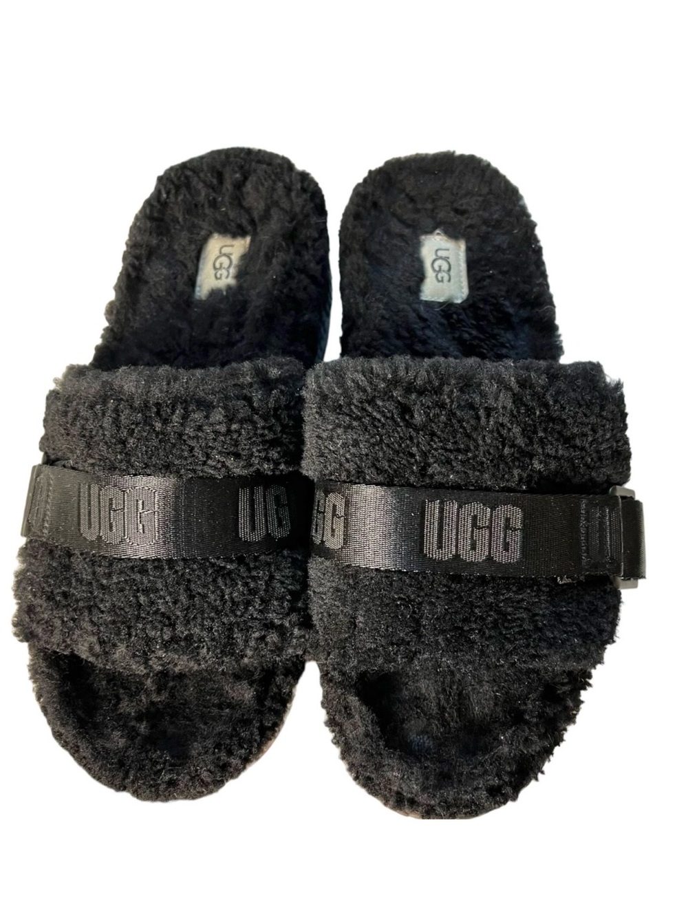 UGG Black Shearling Logo Strap Slides
